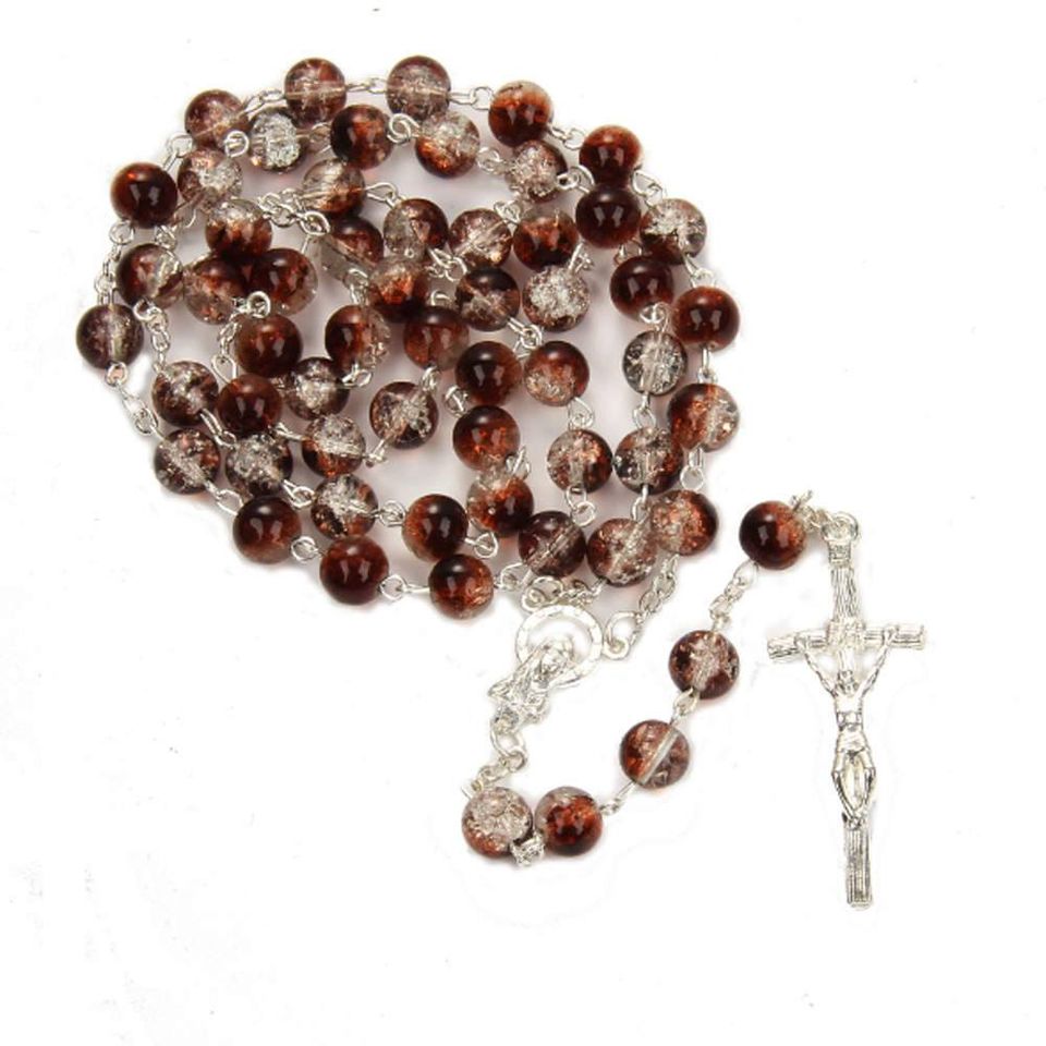 Crystal Beads Rosary Necklace Catholic Cross Crucifix Medal Pendant