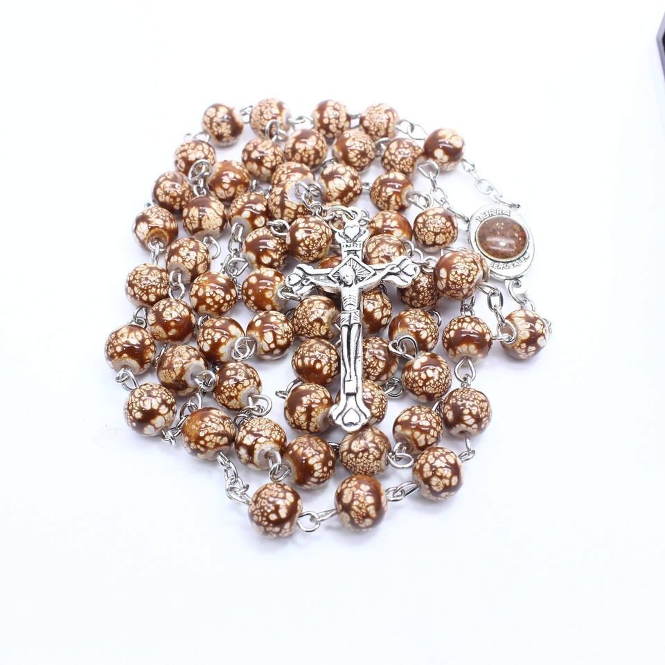 Crystal Beads Rosary Necklace Catholic Cross Crucifix Medal Pendant